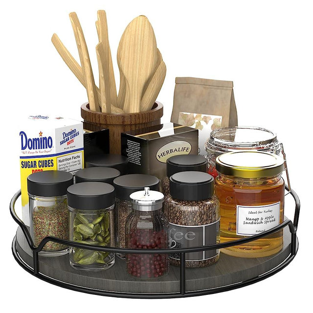Lazy Susan Turntable Organizer for Cabinet Pantry Kitchen Countertop Refrigerator Cupboard, Pine Wood, 9", Grey