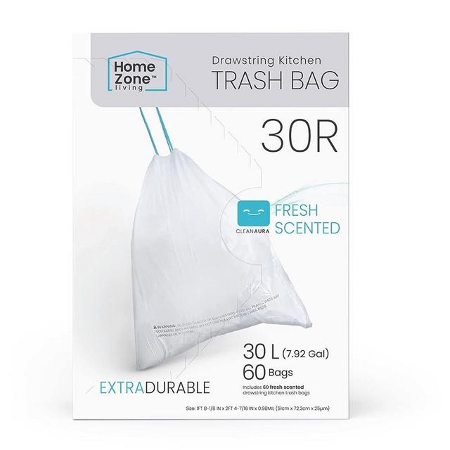 Home Zone Living 8 Gallon Kitchen Trash Bags with Drawstring Handles, Heavy Duty Custom Fit Design for 30 Liter Dual Recycling Liners, Code 30R, 60 Count