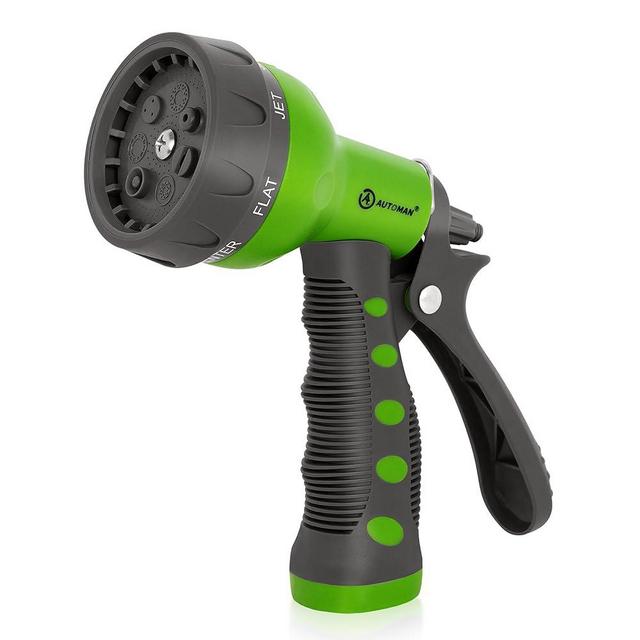 AUTOMAN-Garden-Hose-Nozzle,ABS Water Spray Nozzle with Heavy Duty 7 Adjustable Watering Patterns,Slip Resistant for Watering Plants,Lawn& Garden,Washing Cars,Cleaning,Showering Pets - Green