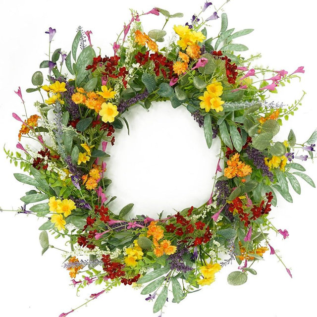 AMF0RESJ Artificial Spring Summer Wreath for Front Door Yellow Daisy Wreath with Olive Leaf,Eucalyptus Leaves for Front Door Indoor Outdoor Wall Porch Farmhouse Home Decor