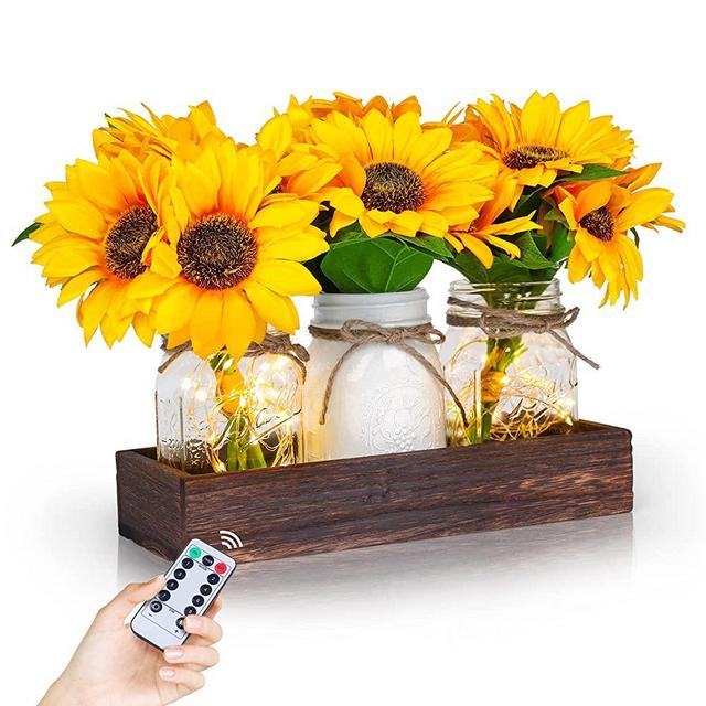 Fowecelt Mason Jar Lights Centerpiece Decorative Wood Tray with Sunflower, Rustic Country Farmhouse Home Decor for Herb Plants Coffee Table Dining Room Living Room Kitchen Garden