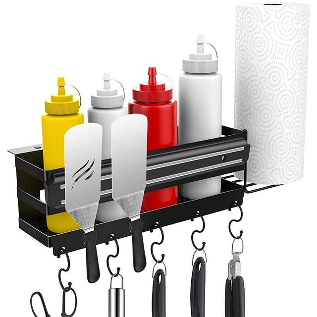 RUSFOL 3-in-1 Stainless Steel Griddle Caddy with Magnetic BBQ Utensil Strip and Paper Towel Holder for 28"/36" Blackstone Griddles,Space Saving BBQ Accessories Storage Box,Free from Drill&Easy install