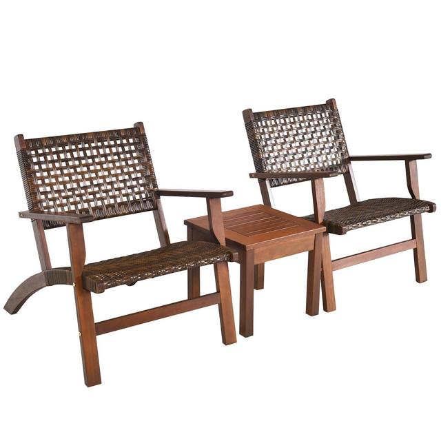 Tangkula 3 Pieces Outdoor Eucalyptus Wood Bistro Set Modern Hand-Woven PE Wicker Conversation Set