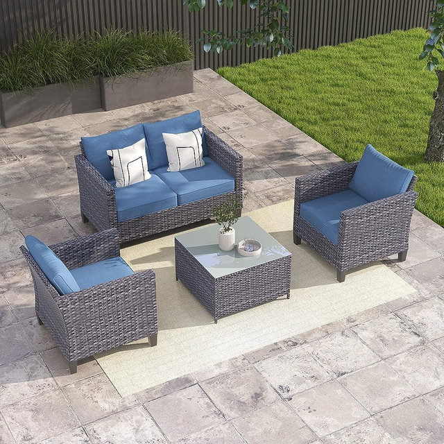 ovios Patio Furniture Set 4 PCS Outdoor Sectional Sofa Set with Loveseat Chairs Coffee Table High Back Couch All Weather Wicker Rattan Conversation Sets for Yard Porch (Denim Blue)