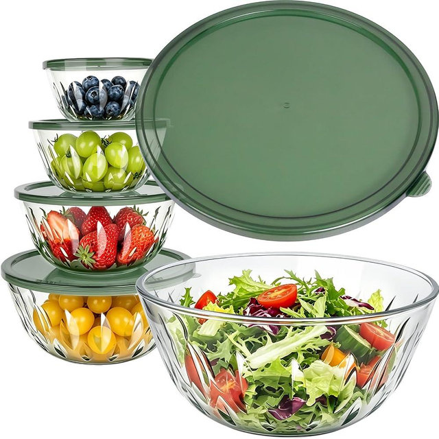 Luvan 5-Pack Glass Mixing Bowls with Lids Set - Leaf Pattern Clear Serving Bowls with Dark Green Translucent Lids, Nesting Borosilicate Salad Bowl, Dishwasher & Microwave Safe