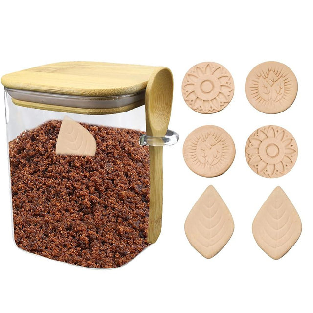 Abnaok Brown Sugar Storage Containers，Airtight Food Storage Containers with Wooden Spoon,Glass Jar with Wooden Lid,6 PCS Terracotta Sugar Saver Container for Food Moisture, Reusable and Food Safe