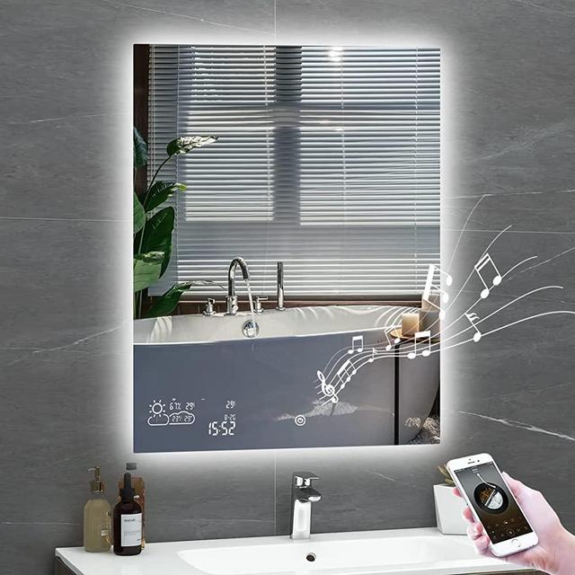 byecold Vertical Smart Vanity Bathroom Mirror with Bluetooth LED Light Touch Switch Demister Weather Forecast Lighted Makeup Mirror Wall Mirror-23.6"x31.5"