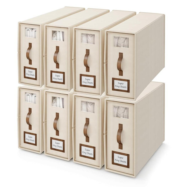 BigPonPon 8 Pack Foldable Bed Sheets Set Organizers and Storage(Cal King Size),Linen Fabric Closet Organizers with Window,Folding Bedding Storage Box for Bedsheets and Pillow Cube Organizer-Beige