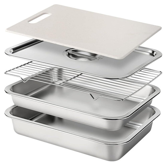 Stainless Steel BBQ Grilling Prep and Serve Tray Set, Food Preparation Container with Lid, Cutting Board, Wire Rack and Marinade Pan for Outdoor Cooking,Grill Gifts for Grill Lovers