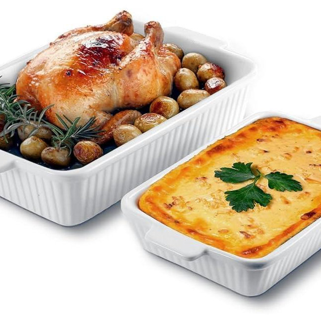 Ceramic Baking Dish Set (2-Piece) - 4.4QT & 1.8QT Rectangular Casserole Pans for Lasagna, Turkey, Cake - White Oven Safe Roaster Pans 13x9.5 & 10x7 Inch Dishwasher Safe