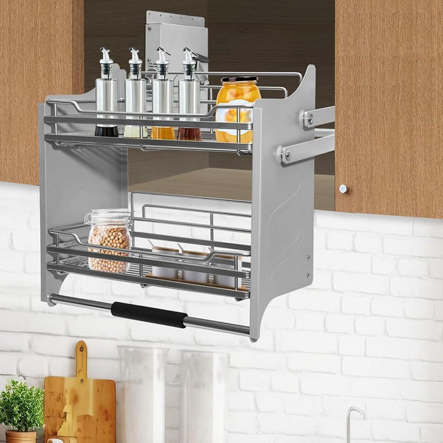 Fulavorty Blind Corner Cabinet Pull Out,2 Tier Kitchen Corner Cabinet Pull-Down,Pull-Down Dish Rack with 4-Speed Adjustable Rebound Force,Pull-Out Home Organizers