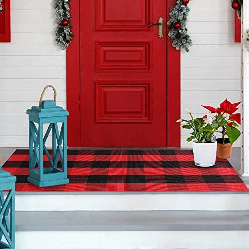VUDECO Buffalo Plaid Rug 23.5” x 52” Red and Black Check Front Door Mat for Christmas Decor Indoor & Outdoor Kitchen Laundry Bathroom Sitting Room Porch Farmhouse Entryway Layering Mats Checkered