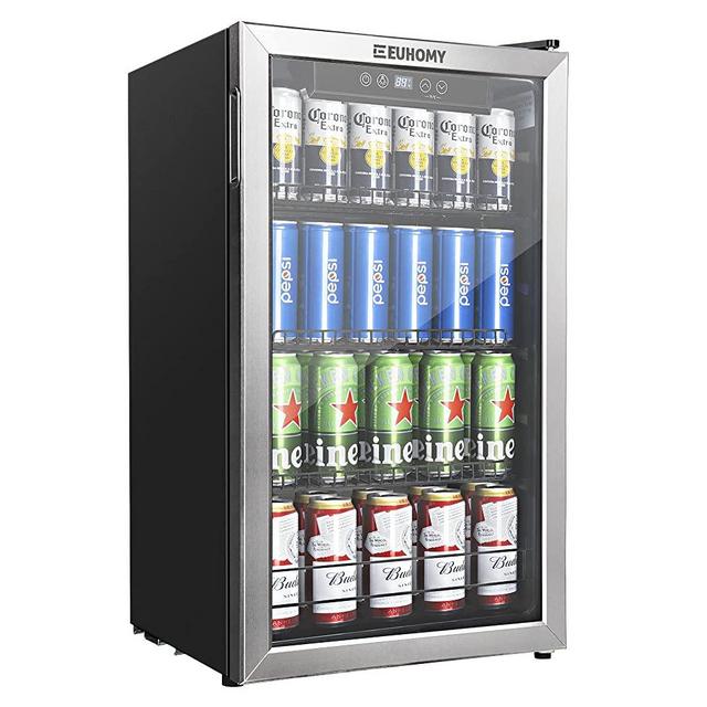 Euhomy Beverage Refrigerator and Cooler, 130 Can Mini fridge with Glass Door, Small Refrigerator with Adjustable Shelves for Soda Beer or Wine, Perfect for Home/Bar/Office