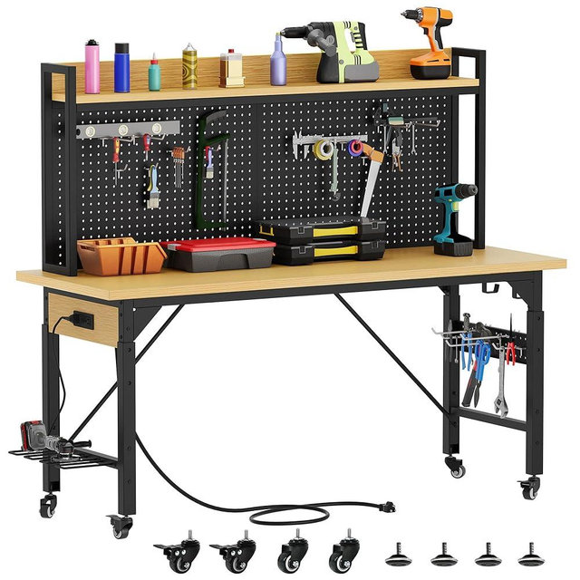 DWVO Adjustable Workbench with Pegboard 48", Heavy Duty Wood Top Work Bench with Wheels, 1600 LBS Load Capacity, Rolling Work Table with AC/USB Outlet, Hooks, Rack for Garage, Workshop, Office, Home