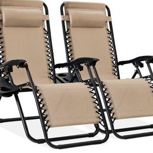 Best Choice Products Set of 2 Adjustable Steel Mesh Zero Gravity Lounge Chair Recliners w/Pillows and Cup Holder Trays - Sand