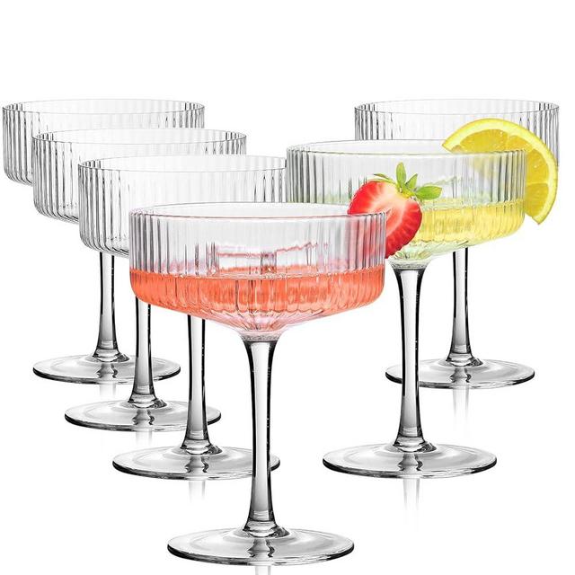 Lvtrupc 6 Pcs Ribbed Coupe Glasses, 10oz Hand Blown Crystal Martini Glasses with Stem, Classic Cocktail Coupe Galsses, Champagne Coupe Glass, Bar Drinkware Set, Perfect for Cocktails, Martini & Gift