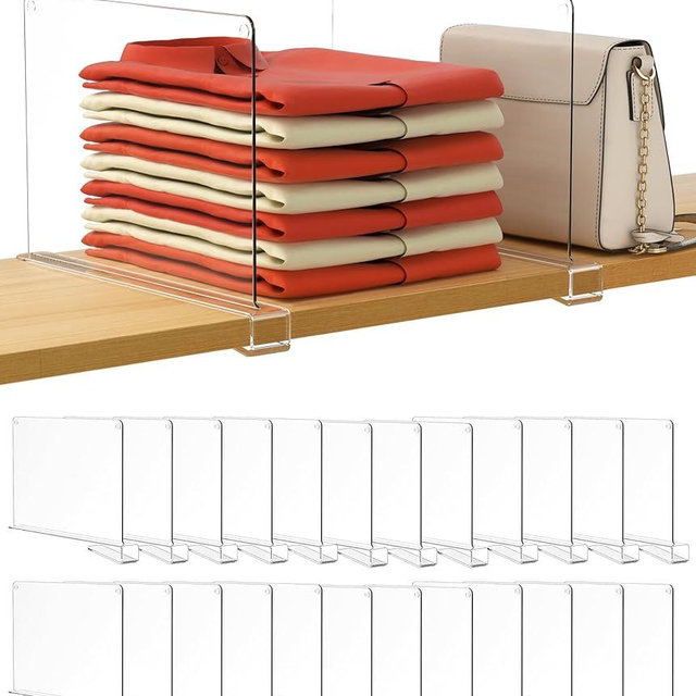 HBlife 24 Pack Clear Shelf Dividers, Vertical Purse Organizer for Closet Perfect for Sweater, Shirts, Handbags in Bedroom and Kitchen, Adjustable Acrylic Bookshelf for Organization