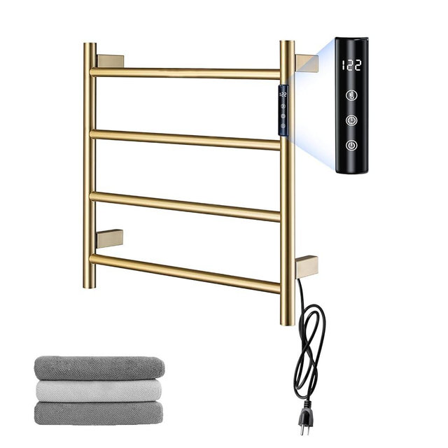 TRJIKAG Heated Towel Rack, 4 Bar Wall Mounted Towel Warmer with Timer, Plug in/Hardwired Towel Dryer for Bathroom, Gold
