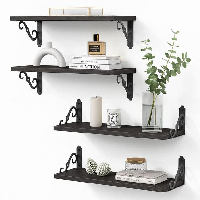 Black Floating Bathroom Shelves Over Toilet Set of 4, Decorative Wall Shelves for Bathroom Decor and Towels Storage, Rustic Wood Wall Mounted Shelves for Bedroom Books, Living Room Plants Pictures