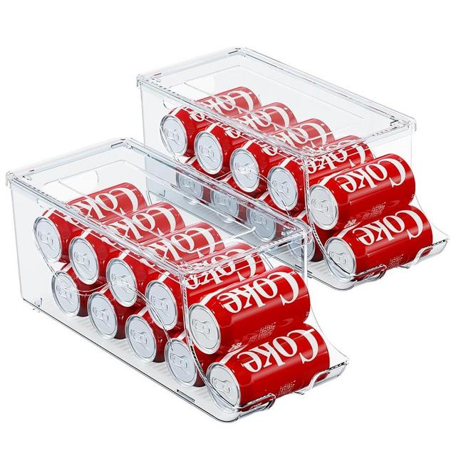 SCAVATA 2 Pack Stackable Refrigerator Organizer, Soda Can Dispenser Pop Cans Container Beverage Holder with Lid for Fridge, Freezer, Kitchen, Clear Plastic Storage Bins-Holds 10 Cans Each (Clear)