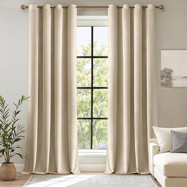 ANRODUO Beige Velvet Curtains 108 Inches Long Blackout Thermal Insulated Soundproof Curtain Privacy Room Darkening Curtains Grommet Window Drapes for Bedroom Living Room Set of 2