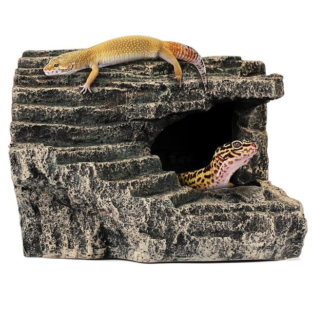 Reptile Hide, Great for Geckos, Snakes, Bearded Dragons & Lizards. with Steps for Rock Climbing, It Doubles as Aquarium Rock Cave Corner Cave for Climbing Hiding. (Stone, A-XLarge)