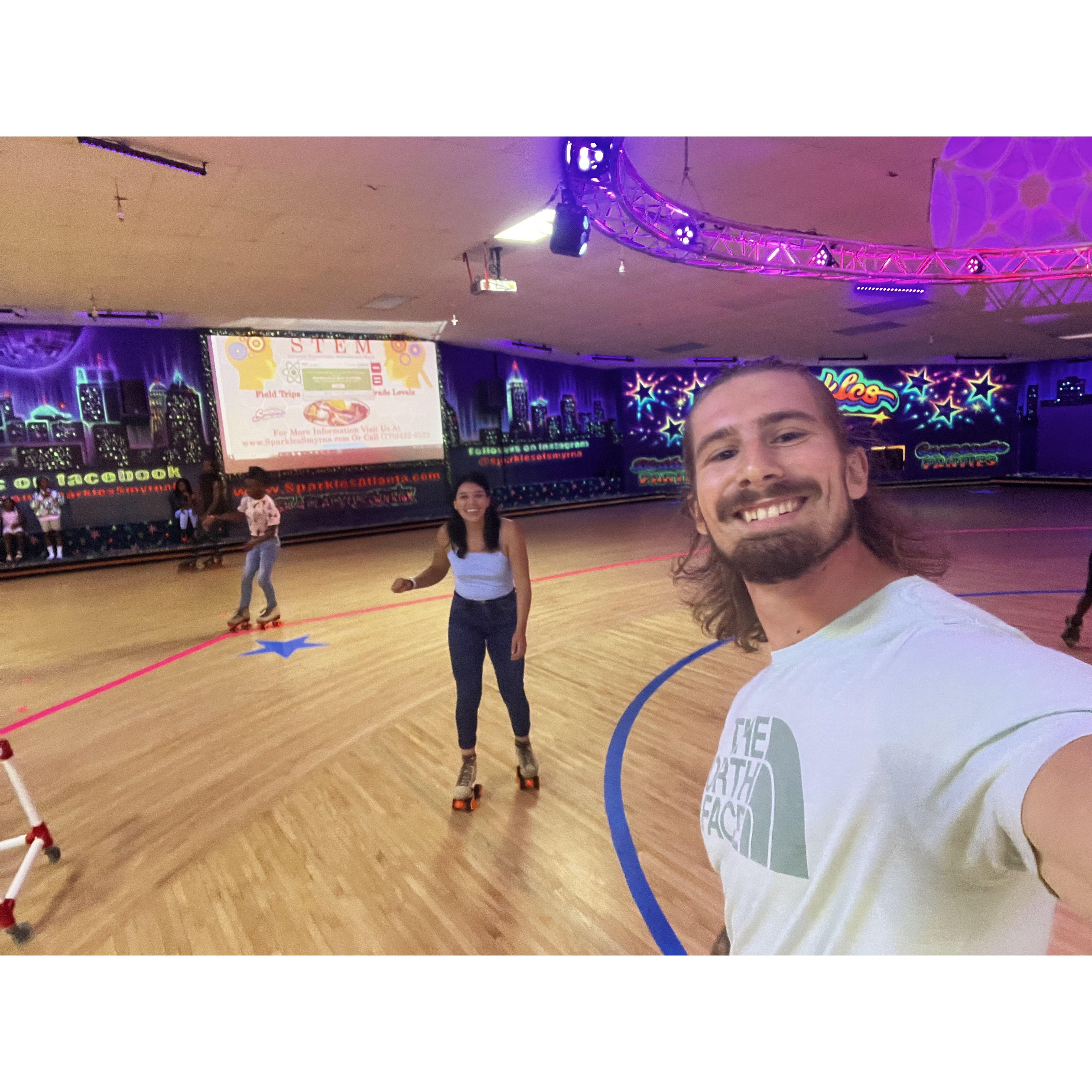 Brides first time roller skating; the Groom is an expert