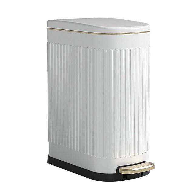 CEROELDA White Bathroom Trash Can with Lid-10L/2.6 Gallon Stainless Steel Step Slim Garbage Can-Rectangle Pedal Trash Bin for Narrow Office, Kitchen, Bedroom, Toilet-Soft Close (B-White/2.6 Gallon)