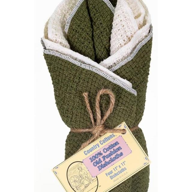 Old Fashion 100% Cotton Dishcloths - Set of 4 Mixed Colors - 2 Sage/2 Natural -11" x 11"