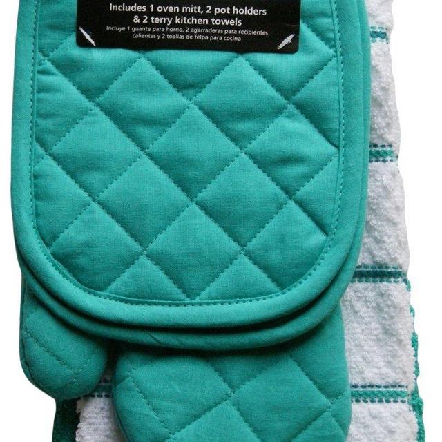 Mainstay Teal Island Kitchen Towel Set 5 Piece- Pot Holders, Oven Mitt & 2 Terry Kitchen Towels (1, A)