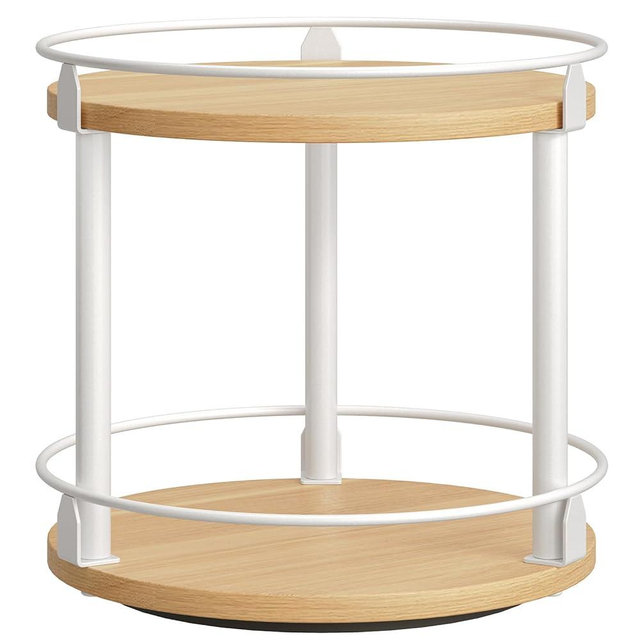 YATINEY Lazy Susan Organizer, Rotating Spice Rack, 2 Tier Spice Turntable Organizer, Industrial Turntable Spice Holder, for Kitchen Countertop, Compact and Versatile, White and Natural SR22WN