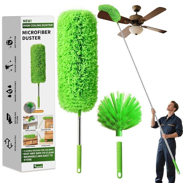 Cobweb Duster with Extension Pole, Washable Cleaning Duster Set with 2 Duster Heads, Corner Brush, 15-110-Inch Telescoping Pole for high Ceiling Fans, Long Duster for high Ceilings，Reach Duster