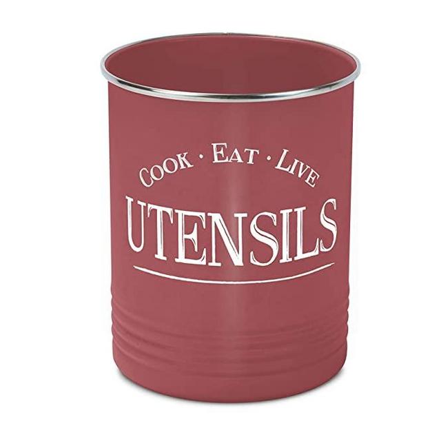 Kitchen Utensil Holder Crock, Red With Premium Padded Base - Vintage Farmhouse Home Kitchen Decor - Large Kitchen Tool Utensil Storage Caddy Organizer by Walford Home