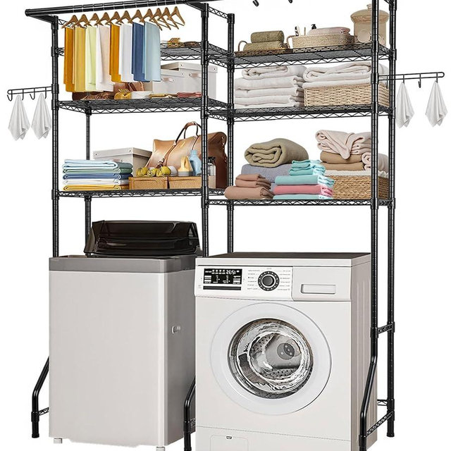 VEVOR Over Washer and Dryer Storage Shelves, 6 Tiers Laundry Room Drying Rack with Hanger Rod and Hooks, Two Rows Adjustable Washer Shelves Space Saver, for Laundry Room Storage & Organization, Black