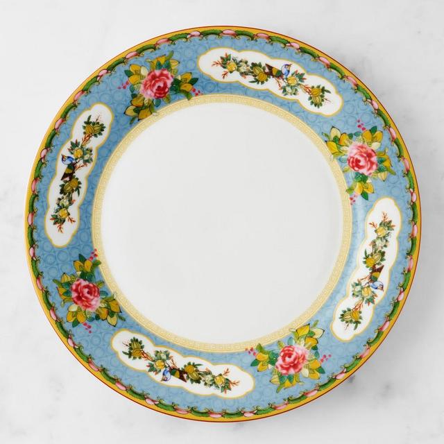 Famille Rose Dinner Plates, Set of 4, Blue Rim