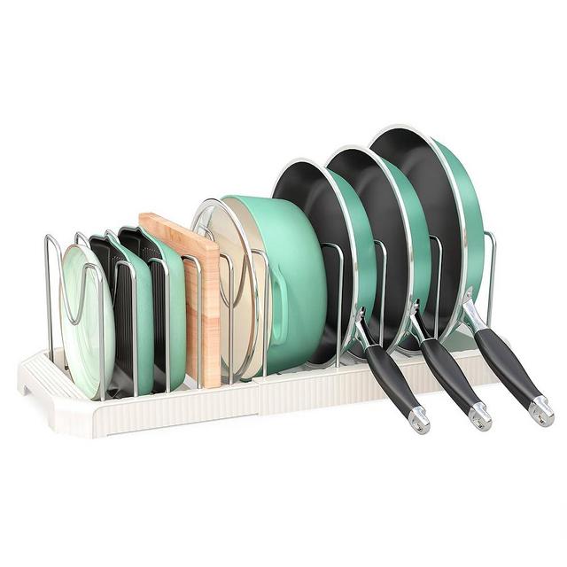 Pantasia Pots and Pans Organizer for under Cabinet, Expandable Pan Pot Organizers inside Cabinet, Heavy Duty Pot Rack for kitchen organizers and storage Holder with 10 adjustable compartment White