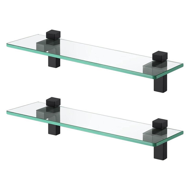 KES Glass Shelves for Bathroom 2 Pack, 16 Inch Tempered Glass Floating Shelves Wall Mount Matte Black, BGS3201S40-BK-P2