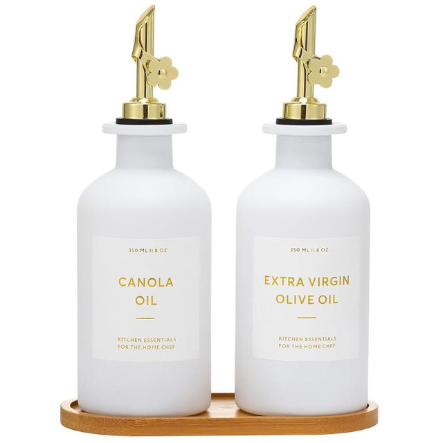 HOMCDALY Olive Oil Dispenser for Kitchen, Glass Oil Dispenser Bottle, Gold and White Oil and Vinegar Dispenser Set, Oil Container Kitchen, Cooking Oil Dispenser, Oil Cruet| Set of 2 (11.8oz – Gold)