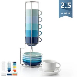 Sweese 4312 Porcelain Stackable Espresso Cups with Saucers and Metal Stand - 2.5 Ounce for Specialty Coffee Drinks, Latte, Cafe Mocha and Tea - Set of 6, Cold Assorted Colors