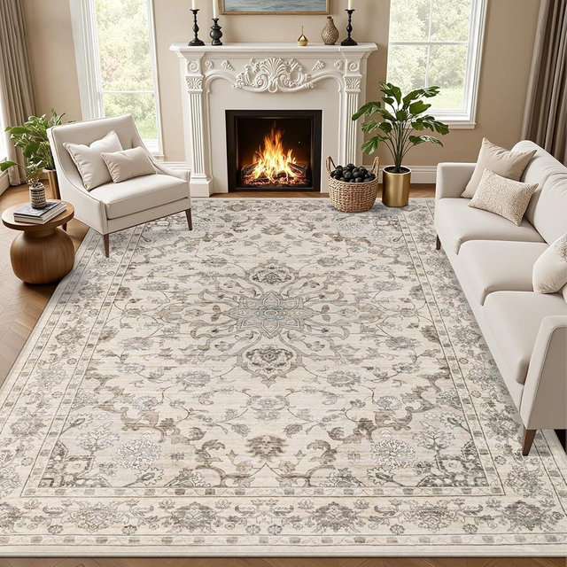 Area Rugs 9x12 Living Room Rug: Washable Rug Soft Vintage Distressed Floral Carpet Indoor Non-Slip Stain Resistant Large Carpets for Bedroom Dining Room Farmhouse Nursery Home Office Brown Beige