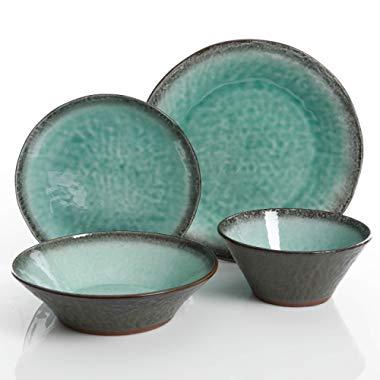 Gibson Elite 123471.16rm Green Lantern 16 Pc Double Bowl Dinnerware Set Teal Reactive Terracotta