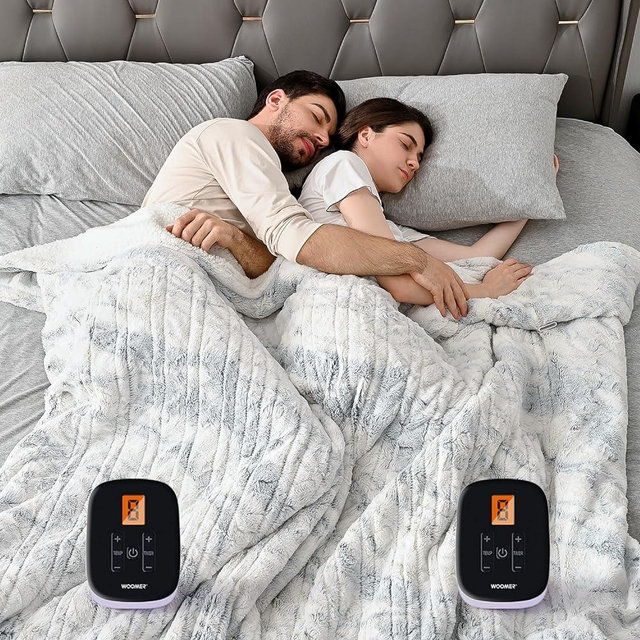 WOOMER [5 Year Warranty Heated Blanket Queen Size Electric Blanket 84"x 90", Faux Fur Fast Heating, 10 Heating Levels & 0.5-12H Auto Off, Dual Control, Over-Heat Protection, ETL Certification