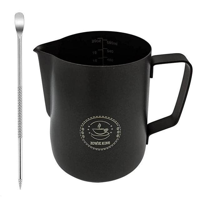 Milk Frothing Pitcher 20oz,Espresso Steaming Pitcher 20oz,Espresso Machine Accessories,Milk Frother Cup 20oz,Milk Coffee Cappuccino Latte Art,Black Stainless Steel Jug