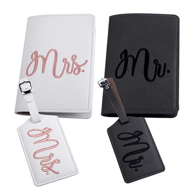 Mr and mrs passport covers and luggage tags gift set，Honeymoon embroidery Travel Luggage Tags Passport Cover for Wedding Bridal Shower Gift