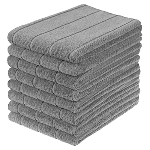 Gryeer Microfiber Kitchen Towels, Super Absorbent, Extra Large and Thick Dish Towels, Stripe Designed, 8 Pack, 28 x 20 Inch, Gray