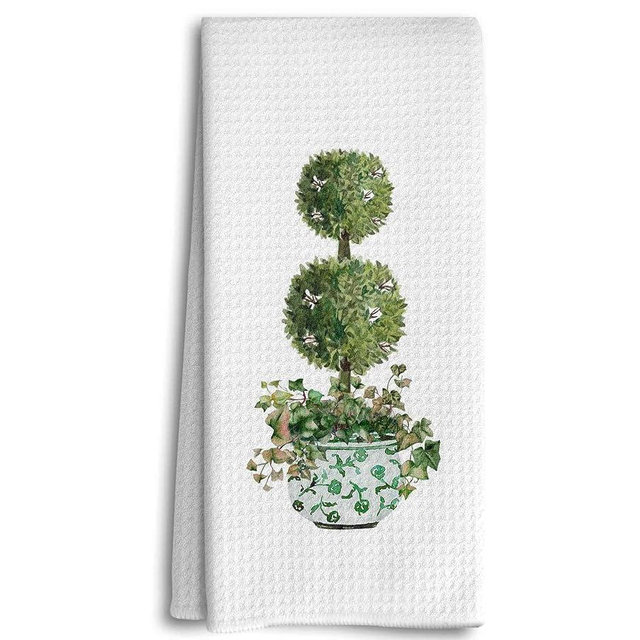 Dwept Chinoiserie Decor, Green and White Porcelain Kitchen Towels Decor, Vintage Plant Dish Towels Preppy Chinoiserie Hand Towels, Watercolor Topiary Chinoiserie Green Tree Bathroom Kitchen Decor
