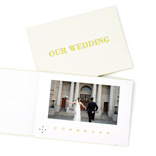 Luxury Linen Bound Video Book | OUR WEDDING Theme | 7” IPS Display, Gold Foil Stamping, 3-Hour Video Playback, 4GB Storage | Ideal for Personalized Gifts