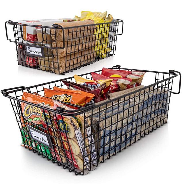 Gorgeous Stackable XL Wire Baskets For Pantry Storage and Organization - Set of 2 Pantry Storage Bins With Handles - Large Metal Food Baskets Keep Your Pantry Organized