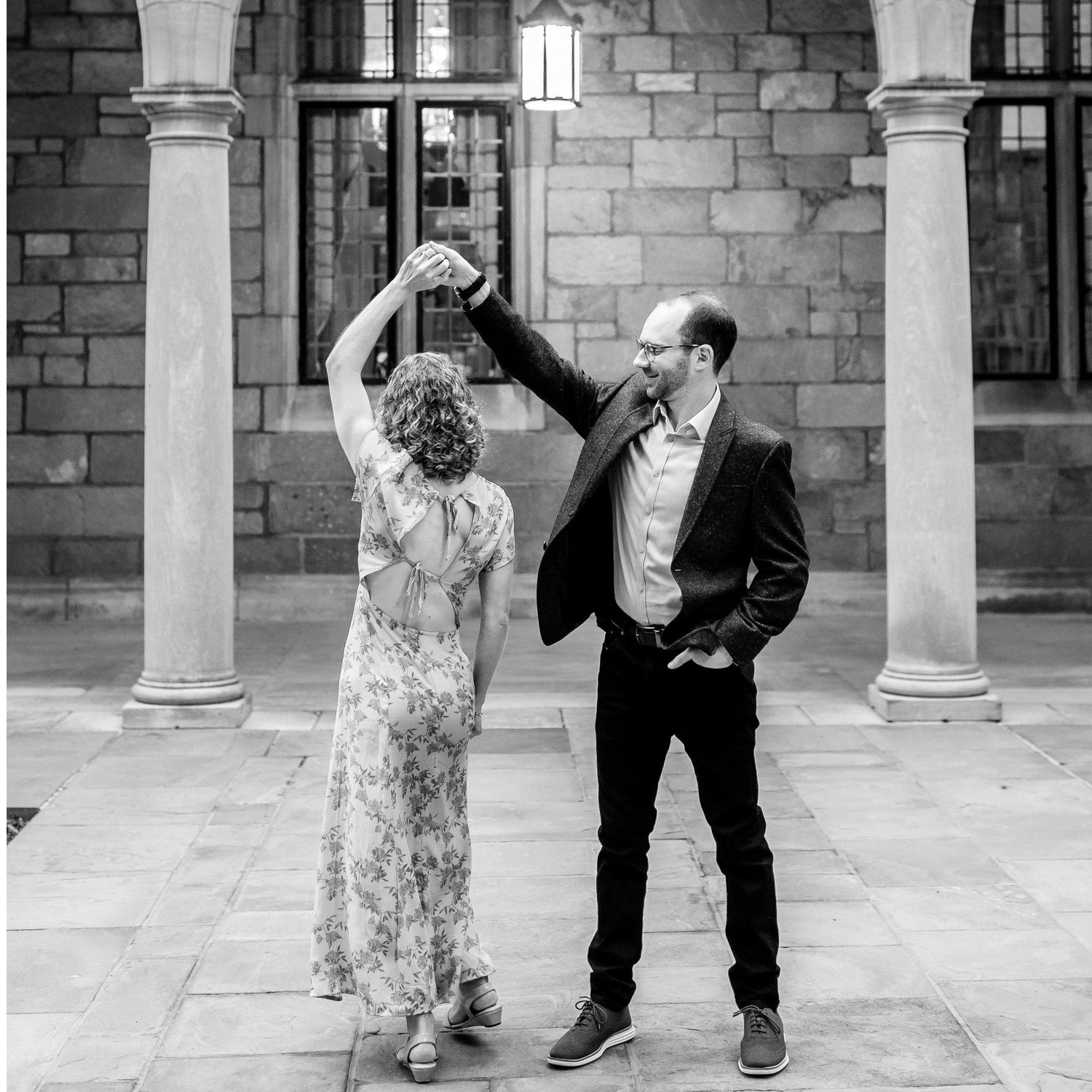 Engagement photos at the Law Quad at the University of Michigan
