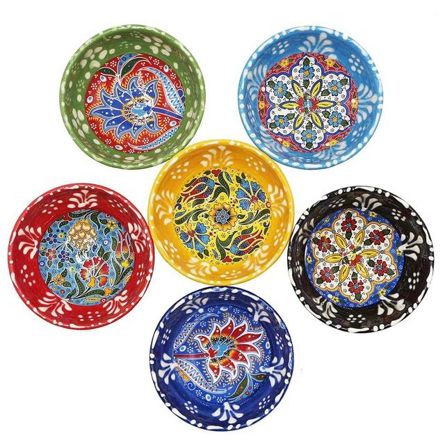 Silver Craft Set of 6 Hand Painted Decorative Serving Turkish Ceramic Tiny Snack Bowls - 3.3''inc/8.5cm 2.5 Oz Pinch Multicolor Small - Best Gift Set